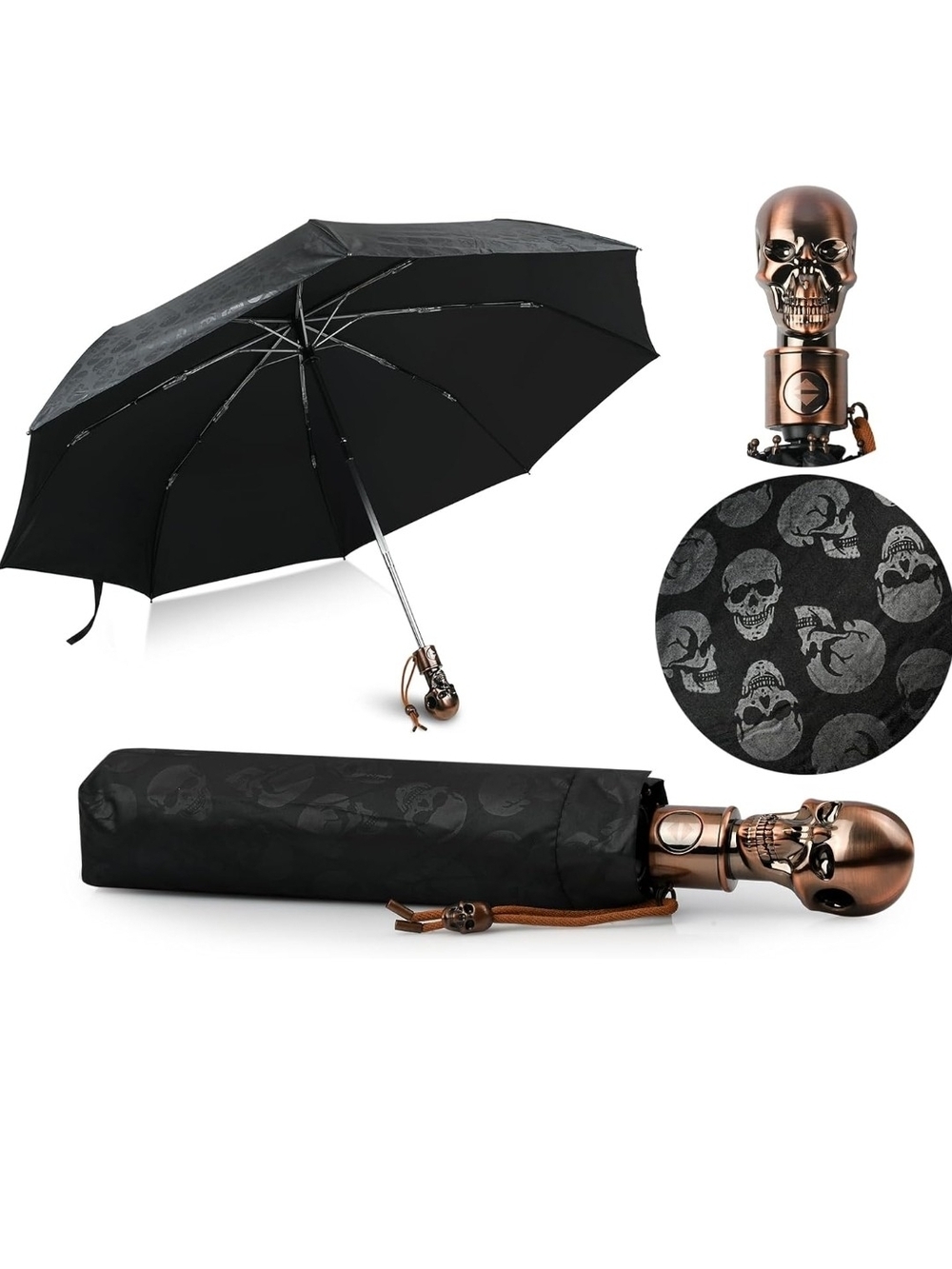 Skull-Top Compact Folding Umbrella for Men - Black with Bronze Handle